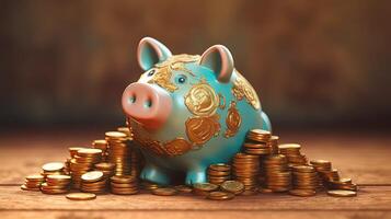 A Cute Blue Chinese Piggy Bank with Stack of Golden Coins at Shiny Brown Background. Treasure or Saving Money for Secure Future. . photo