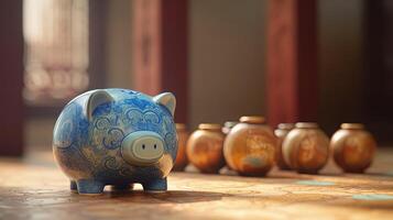 Two Type Chinese Piggy Banks Stack at Shiny Room. Treasure or Saving Money for Secure Future. . photo