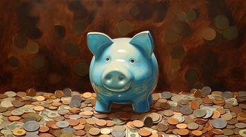 A Blue Ceramic Piggy Bank Sit Top of Mixed Coins and Monetary Notes Heap at Brown Circles Background. . photo