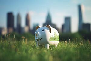 A Piggy Bank on Green Lawn Against Blur Skyline Buildings. . photo