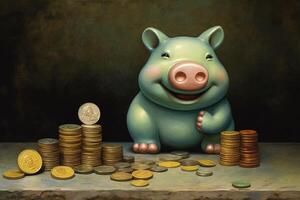 A Happy Piggy Bank Sits with Stack of Coins Isolated on Shiny Dark Background. . photo