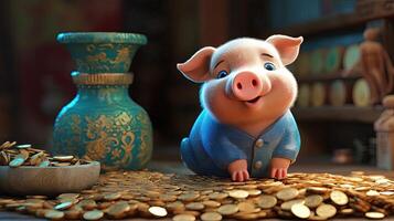 A Rodent Piggy Sits on Golden Coins with Ancient Pots at Shiny Room. Treasure or Saving Money for Secure Future. . photo