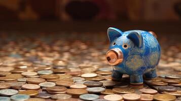 A Cute Blue Korean Piggy Bank on Golden Coins at Shiny Room. Treasure or Saving Money for Secure Future. . photo