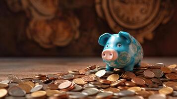 A Blue Chinese Piggy Sits Top of Stack Golden Coins at Brown Vintage Background. . photo