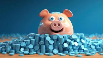 A Happy Piggy Bank Inside Heap Blue Coins Illustration. Treasure or Saving Money for Secure Future. . photo