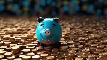 A Blue Cute Piggy Bank on Golden Coins Background. Treasure or Saving Money for Secure Future. . photo