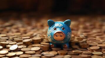 A Blue Ceramic Piggy Bank Sits Top of Stack Golden Coins Illustration. . photo