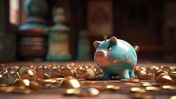 A Cute Blue Piggy Bank Surrounding Golden Coins with Ancient Pot Inside Shiny Room. Treasure or Saving Money for Secure Future. . photo