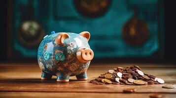 A Cute Chinese Piggy Bank with Golden Coins at Blue and Brown Vintage Background. . photo