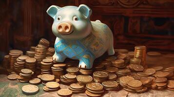 A Blue Chinese Piggy Bank Sits Top of Stack Golden Coins Illustration. . photo