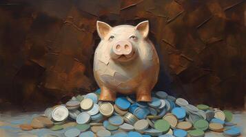 A Painted Piggy Sit Top of Colorful Coins Heap at Brown Crack Background. . photo