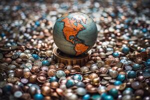 A World Globe Resting on Pile of Mixed Colorful Shiny Coins Illustration. . photo