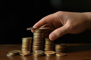 A Human Hand Stacking Golden Coins for Saving or Business Invest Concept. . photo