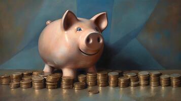 A Happy Piggy Bank on Stack of Golden Coins at Brown and Blue Abstract Painted Background. . photo