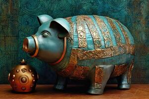 Two Type Ancient Piggy Bank in Blue and Golden Color. . photo