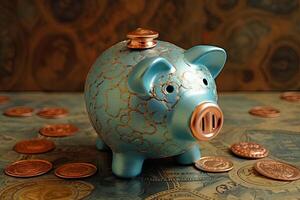 A Blue Cute Piggy Bank with Copper Coins Scattered Vintage Background. . photo