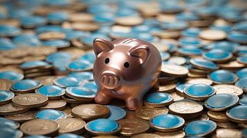 A Happy Copper Piggy Sits Top of Blue and Golden Coins Heap Illustration. . photo