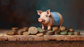 A Ceramic Piggy Bank Sits Top of Stacked Coins on Rustic Background. . photo