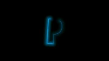 Alphabet letter P, neon blue with energy outline on black background. Motion graphic loop. 4k animation video