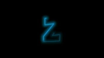 Alphabet letter Z, neon blue with energy outline on black background. Motion graphic loop. 4k animation video