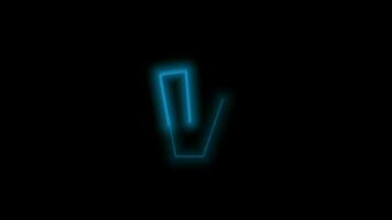 alfabeto letra v, neón azul con energía contorno en negro antecedentes. movimiento gráfico bucle. 4k animación video