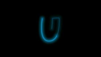 Alphabet letter U, neon blue with energy outline on black background. Motion graphic loop. 4k animation video