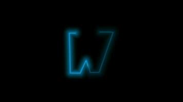 alfabeto letra w, neón azul con energía contorno en negro antecedentes. movimiento gráfico bucle. 4k animación video