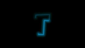 Alphabet letter T, neon blue with energy outline on black background. Motion graphic loop. 4k animation video