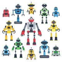 Flat bots and robots. Robotic bot mascot, humanoid robot and cute chatbot assistant vector flat characters set