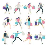 personas con compras bolsas. adicto a las compras hombre y emocionado mujer que lleva bolsa. contento personas comprar regalos en rebaja vector caracteres conjunto