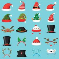 Cartoon christmas hat. Xmas different hats, winter masquerade masks. Elves ears, deer horns and snowman mask vector set