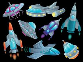 Cartoon spaceship. Futuristic space rocket vehicles, alien flight spacecraft ship ufo and aerospace rocketship isolated vector set