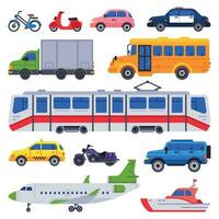 Public transport. Taxi car vehicle, city train and urban transporter isolated cars vector collection