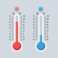 Flat thermometers. Hot and cold mercury thermometer with fahrenheit and celsius scales. Warm and cool temperature vector icons