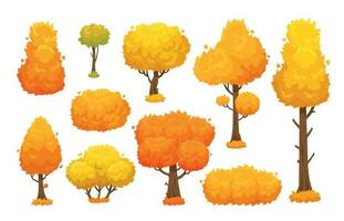 Colorful autumn trees. Cartoon yellow fall tree and autumnal garden bush for landscape background vector set