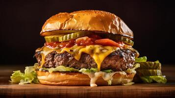 Tasty Hamburger with All The Fixings, Including a Minced Beef Patty, Cheese, Lettuce, Tomato Slice and Sauce. Illustration. photo