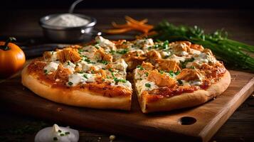 Whole Delicious Chicken Pizza on Wooden Cutter Board for Fast Food and Ready To Eat Concept. . photo
