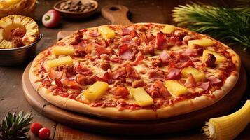 Whole Delicious Pizza with Pineapple, Bacon Slice, Mozzarella Cheese, Sauce on Wooden Background for Fast Food and Ready To Eat Concept. . photo