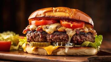 Tasty Hamburger with All The Fixings, Including a Minced Beef Patty, Cheese, Lettuce, Tomato Slice and Sauce. Illustration. photo