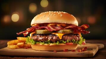 Photography of Delicious Bacon Cheeseburger and Fries on Wooden Chopping Board, . photo