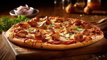 Whole BBQ Chicken Pizza on Wooden Cutter Board for Fast Food and Ready To Eat Concept. . photo