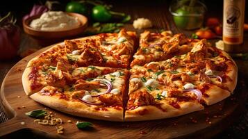 Whole BBQ Chicken Pizza on Wooden Cutter Board for Fast Food and Ready To Eat Concept. . photo