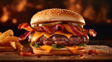 Photography of Delicious Bacon Cheeseburger and Fries on Wooden Table, . photo