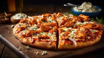 Whole Delicious Chicken Pizza on Wooden Cutter Board for Fast Food and Ready To Eat Concept. . photo