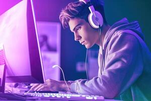 Side Look of Young Man Wearing Headphones and Working at Desktop in Workspace. Technology. photo