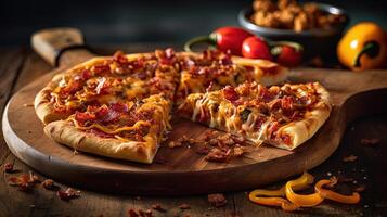 picante tocino queso Pizza en de madera cortador tablero para rápido comida concepto. generativo ai. foto