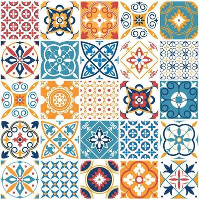 Portugal seamless pattern. Vintage mediterranean ceramic tile texture. Geometric tiles patterns and wall print textures vector set