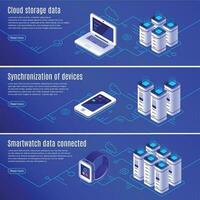 isométrica base de datos. computadora, ordenador portátil y teléfono inteligente conectado a nube en línea datos almacenamiento. seguro acceso a apoyo vector pancartas