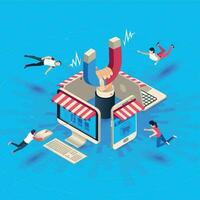 Web store customer attraction. Attract buyers, isometric retain loyal clients and social media business marketing vector illustration