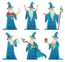 dibujos animados mago personaje. antiguo bruja hombre en magos túnica, mago brujo y magia medieval hechicero aislado vector conjunto